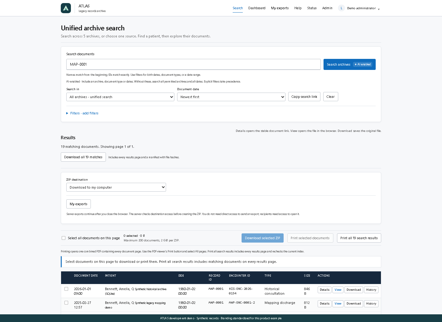 ATLAS unified archive search with synthetic patient records and retrieval controls